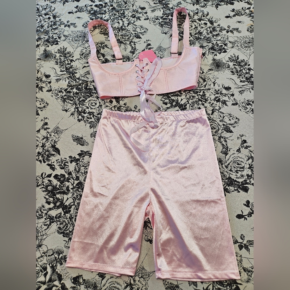 Dolls Kill Sugar Thrillz Pink Satin Underbust & Biker Shorts +Extra Mesh Flower - Picture 2 of 12